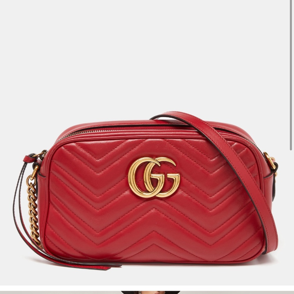 GUCCI Red Matelasse Leather Small GG Marmont Shoulder Bag